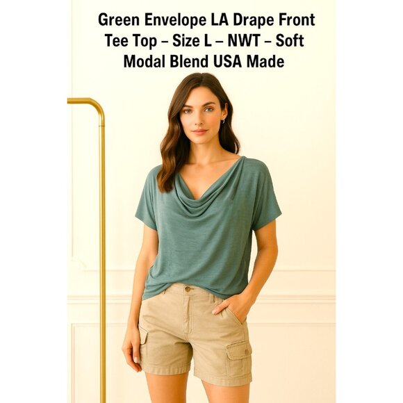 Green Envelope LA Drape Front Tee Top – Size L – NWT – Soft Modal Blend USA Made - Picture 1 of 9